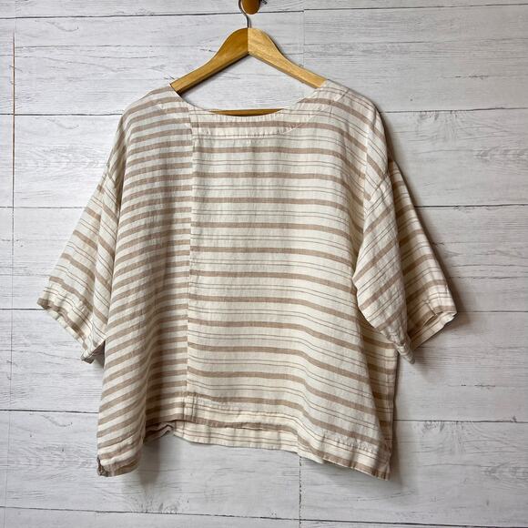 Pure Jill Top Womens Size Small Beige & Ivory Striped 100% Linen Tunic Coastal - Picture 1 of 16